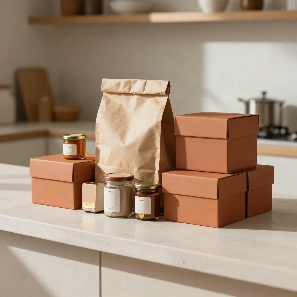 Kit food neutro con scatole delivery, sacchetto kraft e vasetti sigillati su banco in luce calda