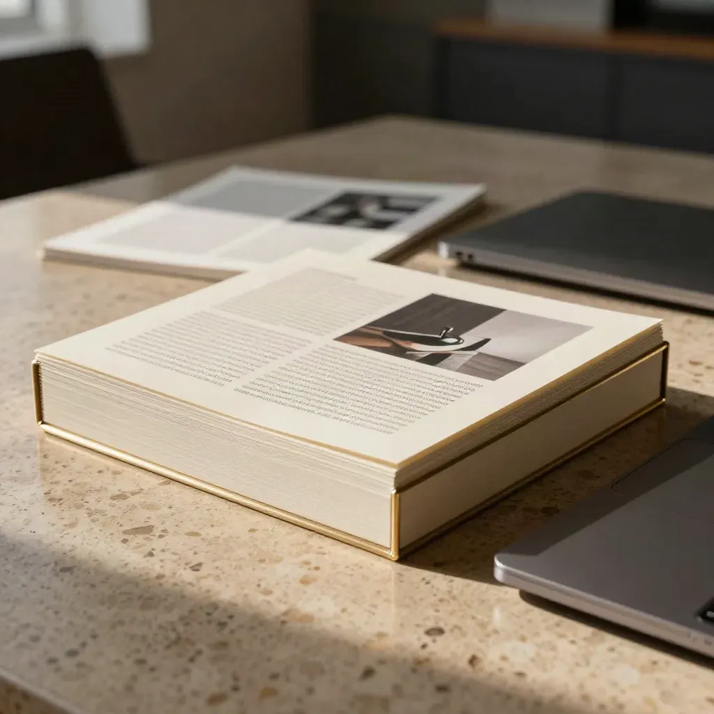 Slide CEO stampate, scatola rigida e laptop chiuso su tavolo in luce mattutina.